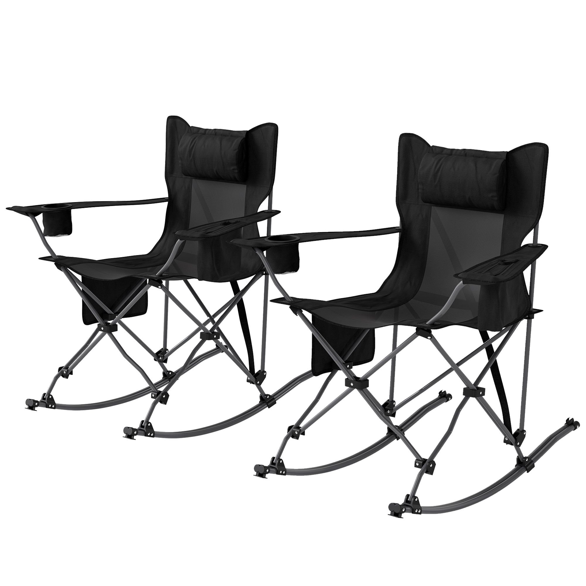 Portable Outdoor Folding Rocking Camping Chairs with Headrest, Cooler Bag, Cup Holder, Carry Bag, 2 Pack, Black