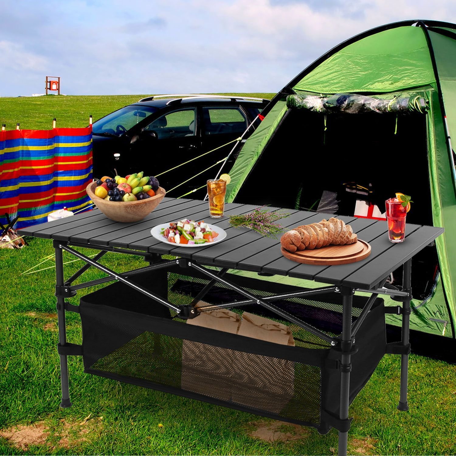 220 lb Capacity Foldable Camping Table | Aluminum Top & Steel Frame with Mesh Basket | Portable BBQ/Picnic/Beach Table Includes Carry Bag