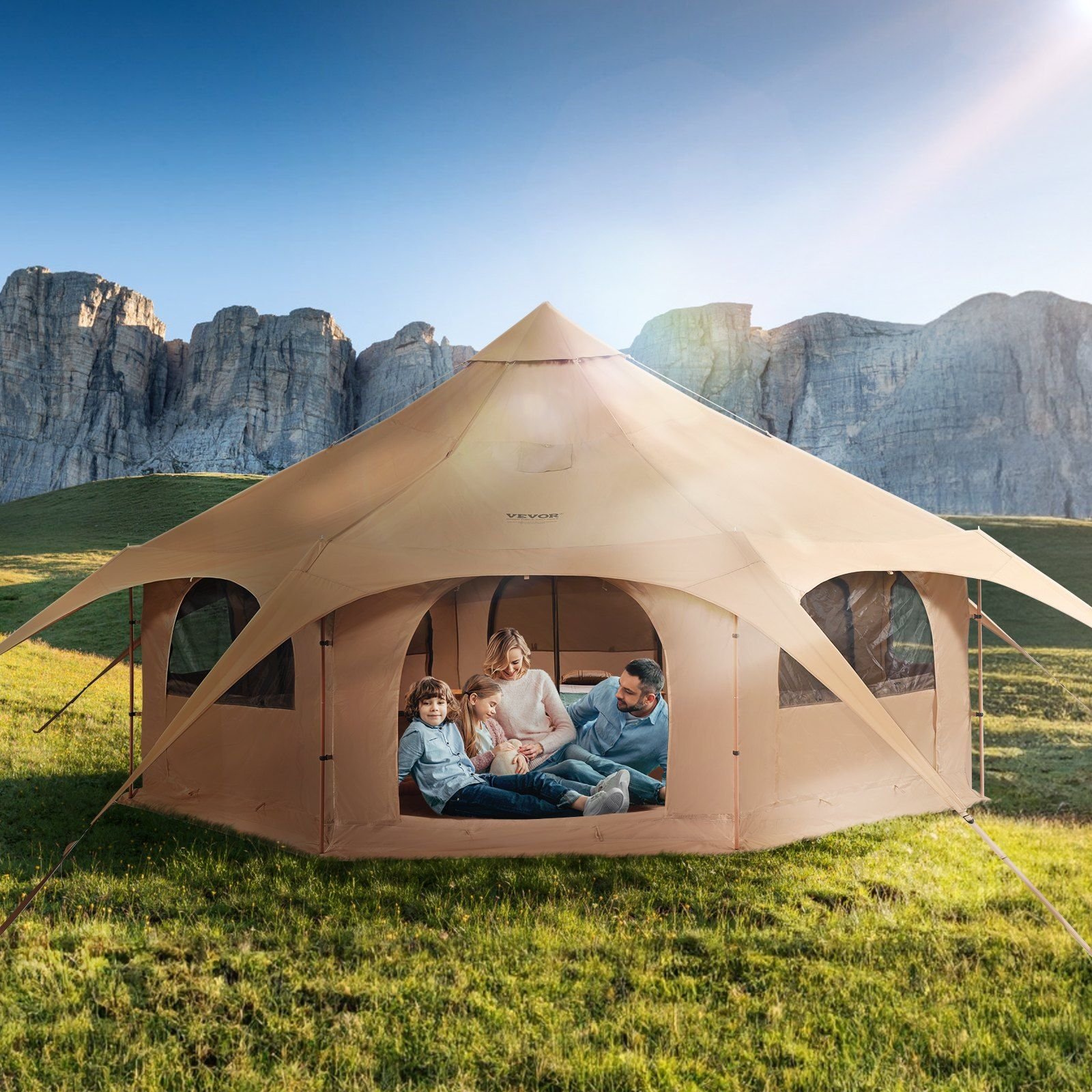 VEVOR Canvas Tent, 4 Seasons 5 m/16.4 ft Bell Tent, Canvas Tent for Camping with Stove Jack, Breathable Yurt Tent for up to 8 People