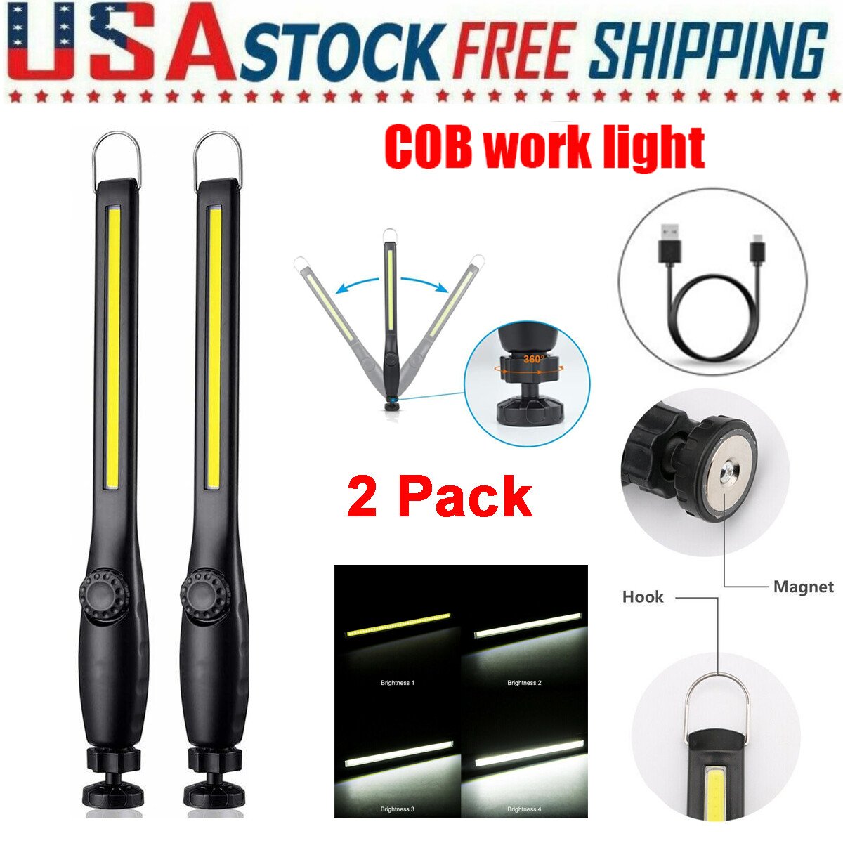 LED USB Rechargeable Work Light Magnetic Flashlight Flexible Cordless Torch Automotive Inspection Emergency Light 2 PACK (Option: 2PCS)