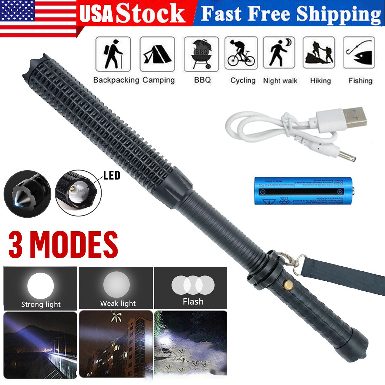 Baseball LED Flashlight Zoom Rechargeable Torch Spotlight Emergency Security Work Light 3 Lighting Modes 3500000LM (Option: Black)