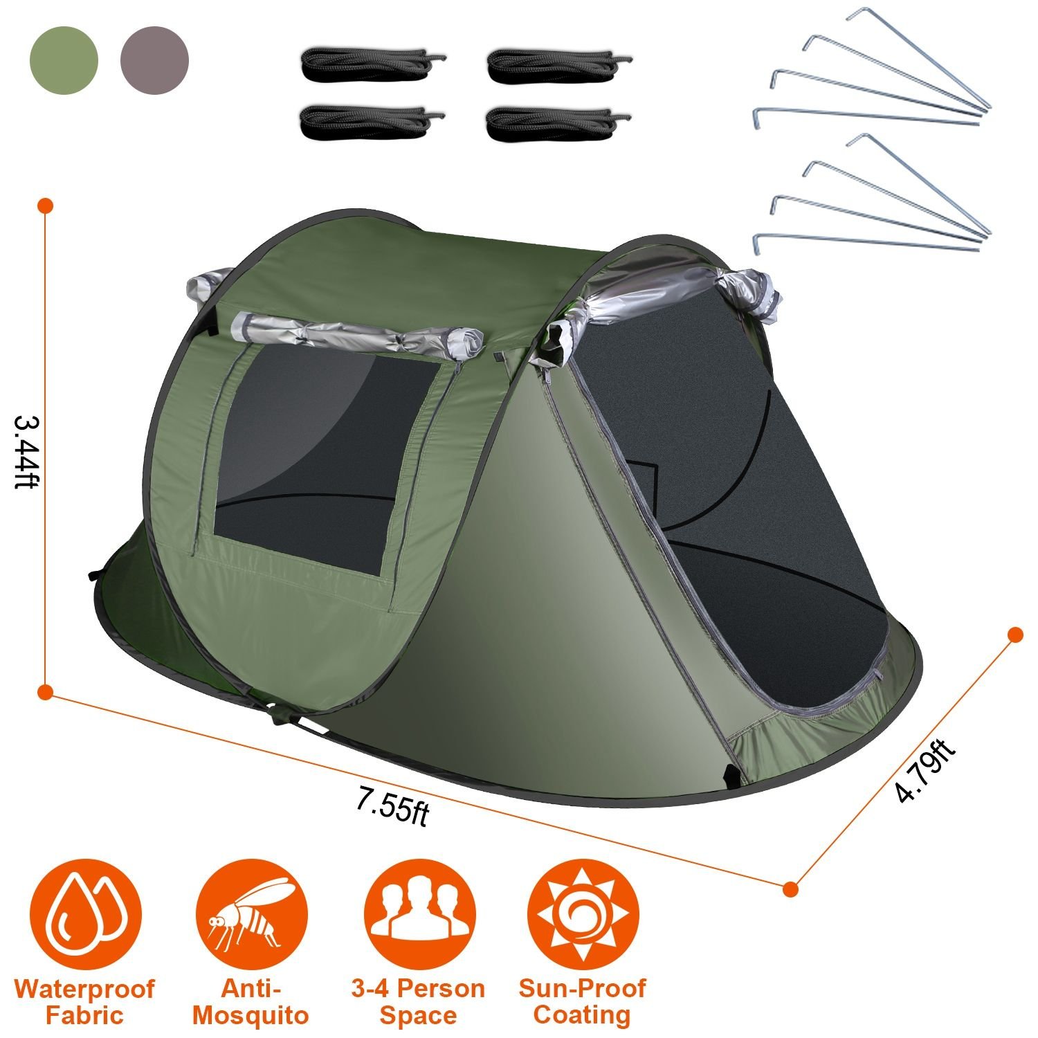 Pop Up Tent Automatic Setup Camping Tent Waterproof Instant Setup Tent with 4 Mosquito Net Windows Carrying Bag for Hiking Climbing Adventure Fis (Type: Green_3_4Person_Standard)