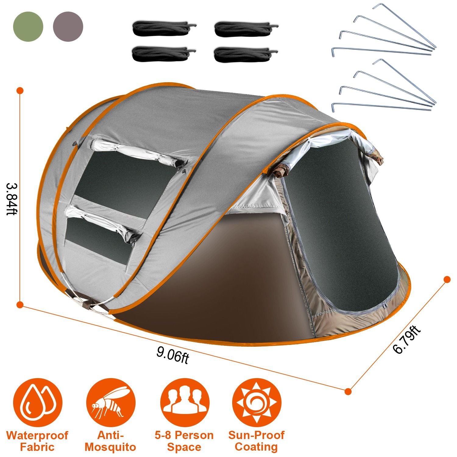 Pop Up Tent Automatic Setup Camping Tent Waterproof Instant Setup Tent with 4 Mosquito Net Windows Carrying Bag for Hiking Climbing Adventure Fis (Type: Khaki_5_8Person_Standard)